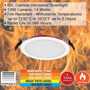 6 in. Fire Rated Canless Integrated LED Recessed Light Trim Downlight 1200 Lumens Adjustable CCT Dimmable