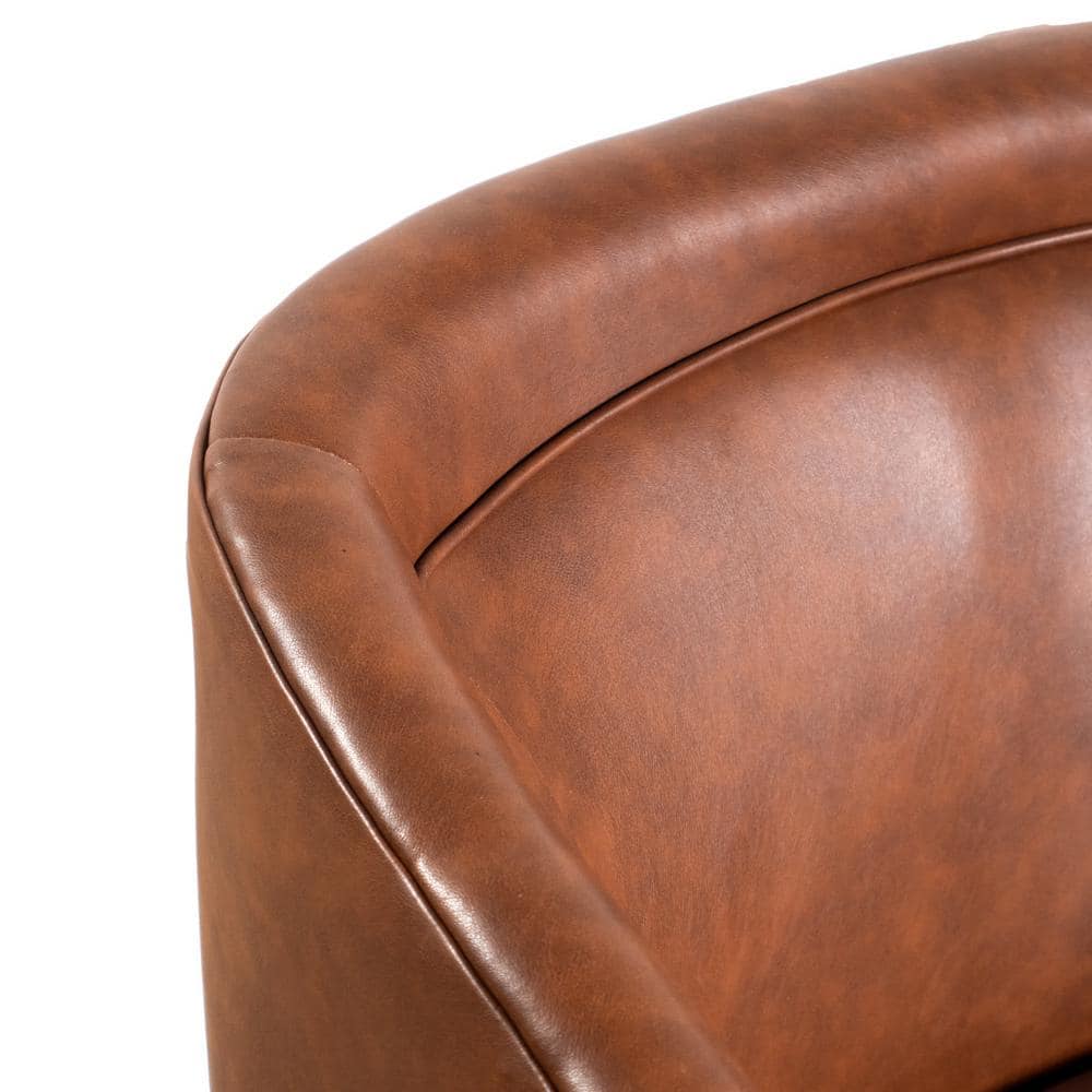 Brown Faux Leather Swivel Barrel Chair with Wood Base