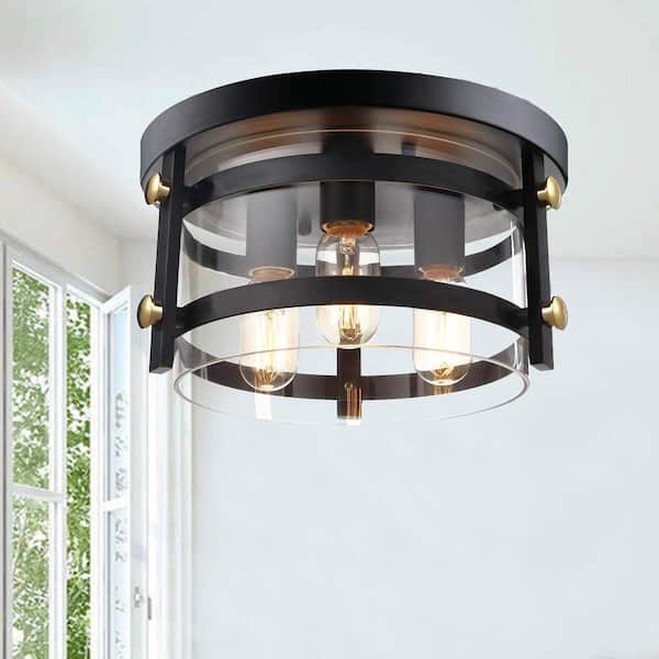 Jojospring Lynn 13 in. W 3-Light Black Flush Mount with Metal and Clear Glass