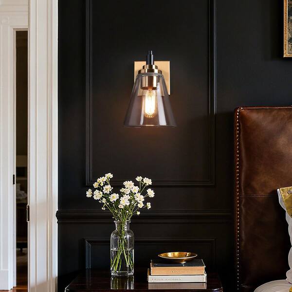 Fatime 1-Light Black Indoor Wall Sconce, Cone Clear Glass Modern Bathroom Vanity Light, Industrial Brass Gold Wall Light