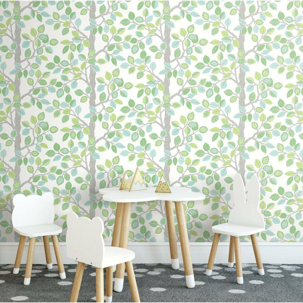 Green and Gray Forest Leaves Peel and Stick Wallpaper Roll