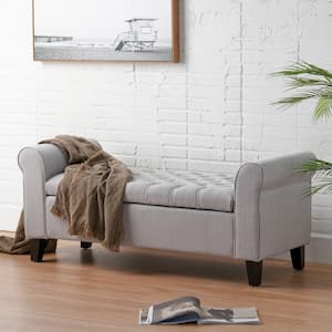 Light Gray Tufted Fabric Armed Storage Bench