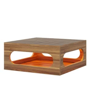 Calvin 43.31 in. Brown Square Wood Coffee Table LED Light Storage Center Cocktail Table Living Room Home Office