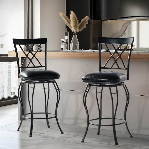 Homy Casa WTRA 26 in. Black High Back Swivel Counter Height Bar Stool with Cushioned Faux Leather Seat and Footrest (Set of 2)