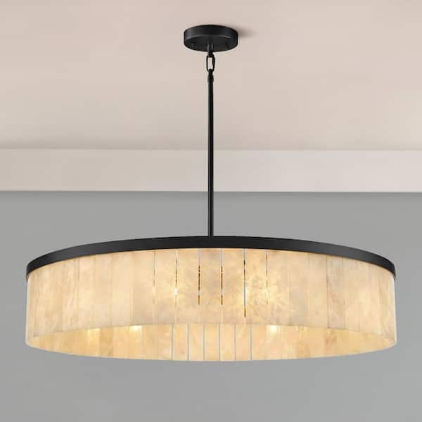 41.3 in. 10-Light Dimmable Black Alabaster  Chandelier, Round Kitchen Island Chandelier for Living Room