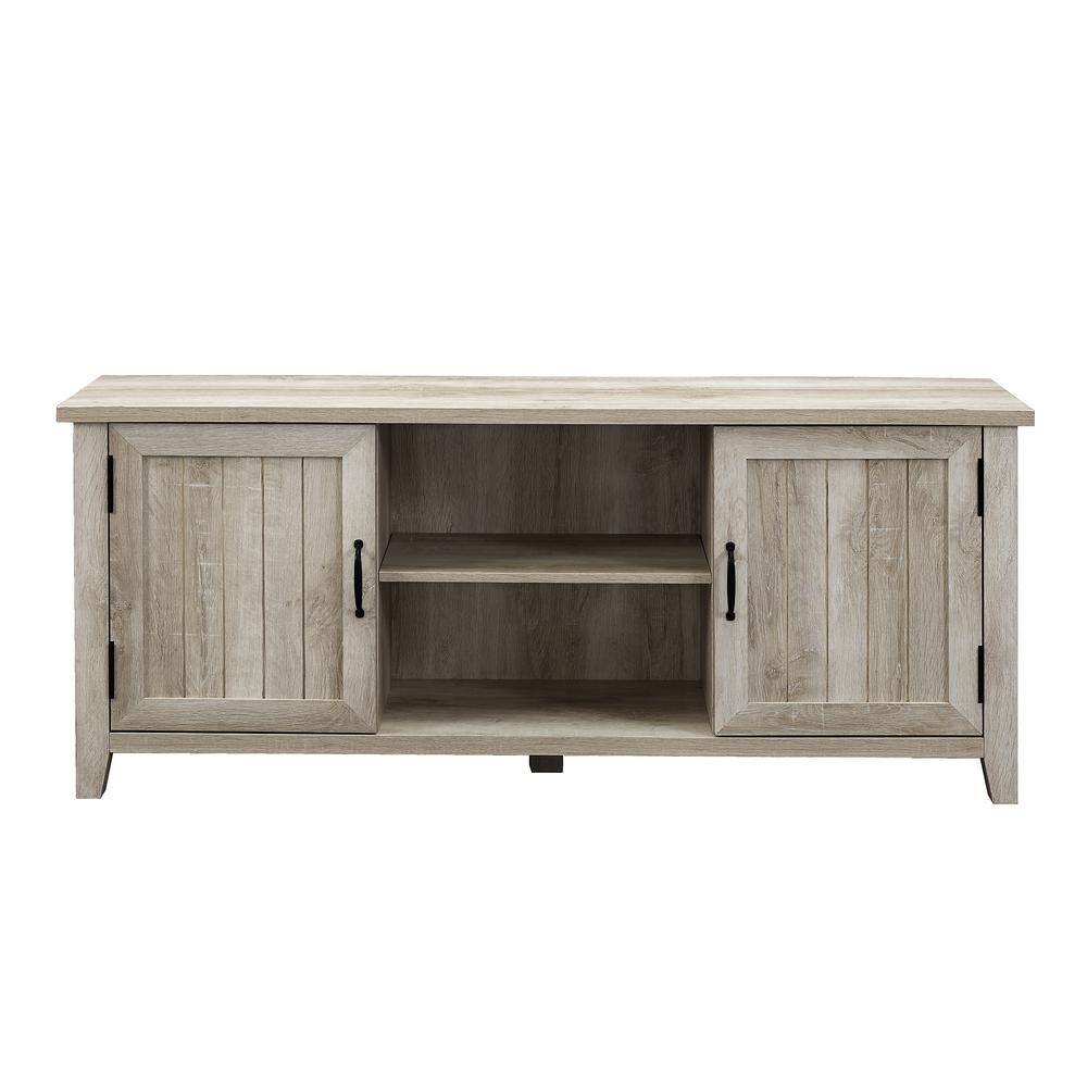 Transitional Grooved-Door 58" White Oak TV Stand with Cabinet