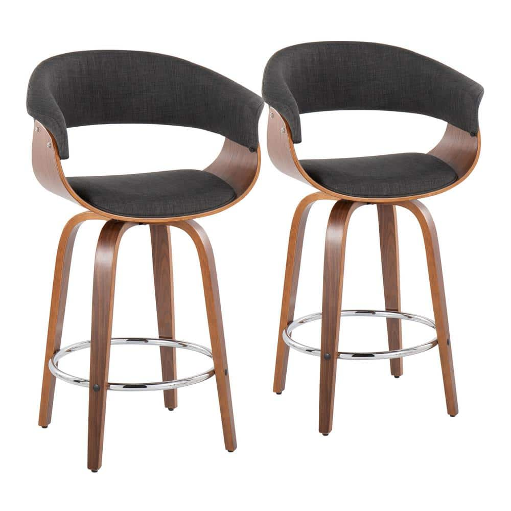 Vintage Mod 25.25 in. Charcoal Fabric, Walnut Wood and Chrome Metal Fixed-Height Counter Stool Round Footrest (Set of 2) -  Lumisource, 39175