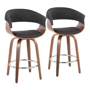 Vintage Mod 25.25 in. Charcoal Fabric, Walnut Wood and Chrome Metal Fixed-Height Counter Stool Round Footrest (Set of 2)