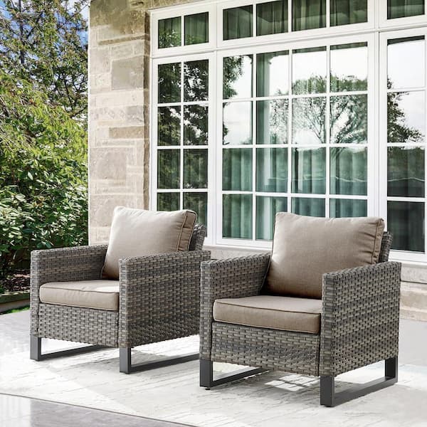 Opohoro Gray Modern Wicker Outdoor Lounge Chair, Rattan Armchair with Gray Cushions for Balcony Porch (2-Pack)