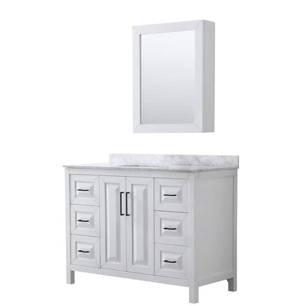 Wyndham Collection Daria 48 in. W x 22 in. D x 35.75 in. H Single Bath Vanity in White with White Carrara Marble Top and Mirror