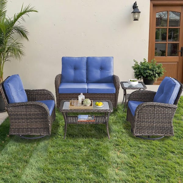 5-Piece Wicker Patio Conversation Set with Blue Cushions