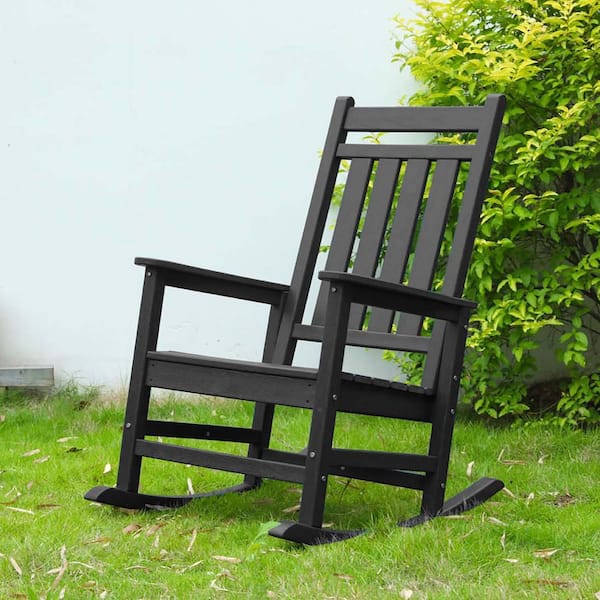 Plastic Patio Outdoor Rocking Chair, Fire Pit Adirondack Rocker Chair with High Backrest for Lawn Garden, Black