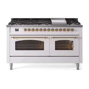 Nostalgie II 60 in. 9 Burner+Griddle Freestanding Double Oven Dual Fuel Range in White with Brass