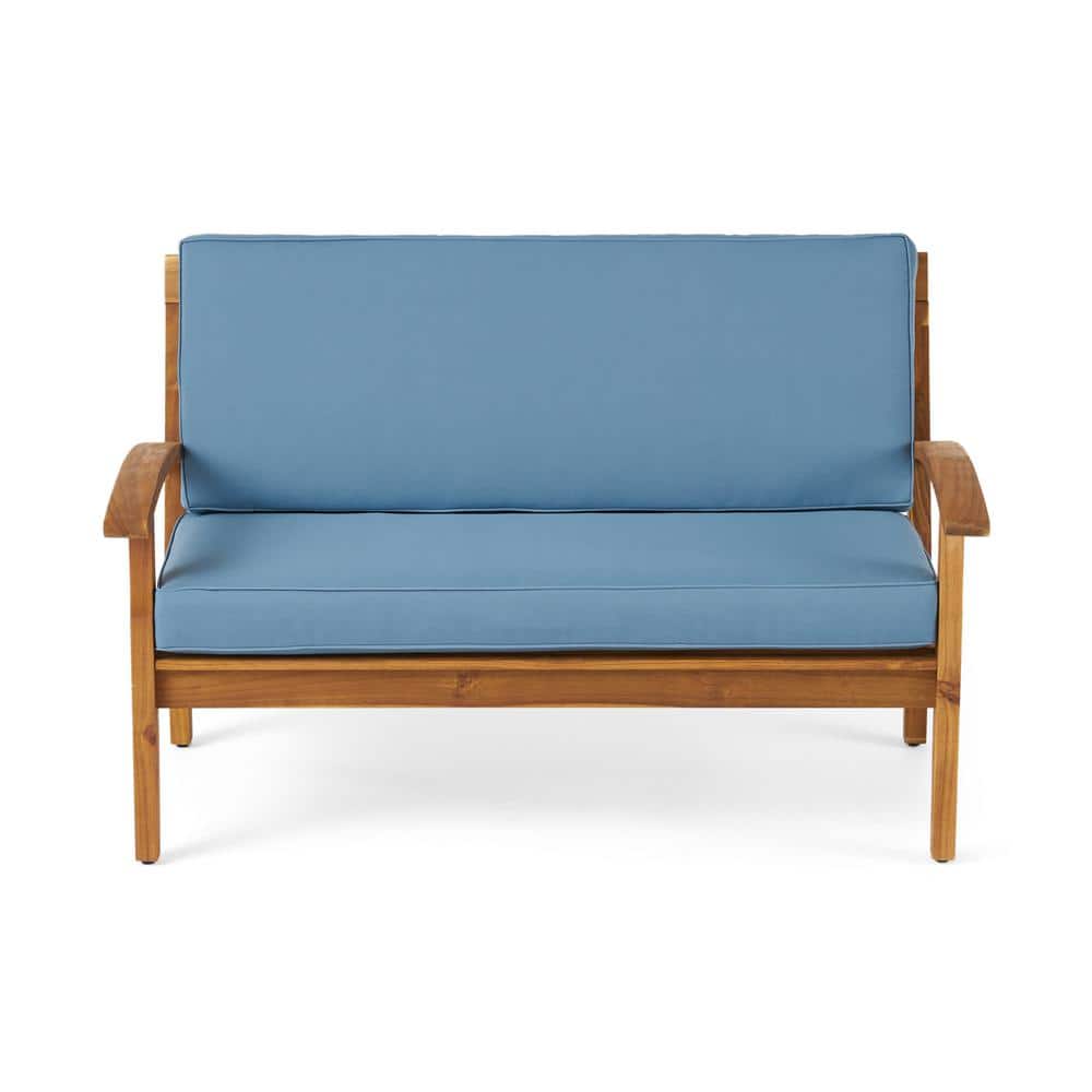 Acacia Wood Loveseat and Coffee Table Set with Blue Cushions
