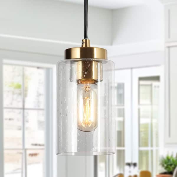 4.7 in. 1-Light Brass Gold Mini Pendant Light, Cylinder Seeded Glass Pendant Hanging Light, Modern Black Light Fixture