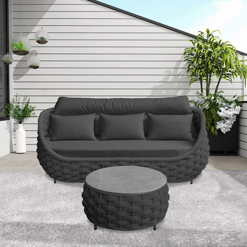 Bird's Nest Shaped Black Aluminum Frame Outdoor Couch 3-Seat Sofa Daybed with Dark Gray Cushion and Coffee Table price history on PriceWatchPro
