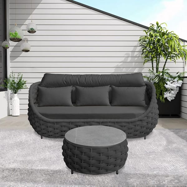 Bird's Nest Shaped Black Aluminum Frame Outdoor Couch 3-Seat Sofa Daybed with Dark Gray Cushion and Coffee Table