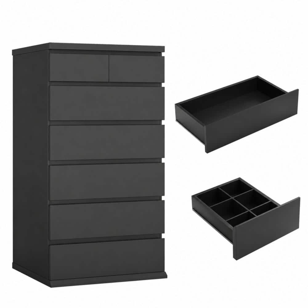 Black 7-Drawer MDF Storage Chest with Accessory Compartments and Handle-Free Design