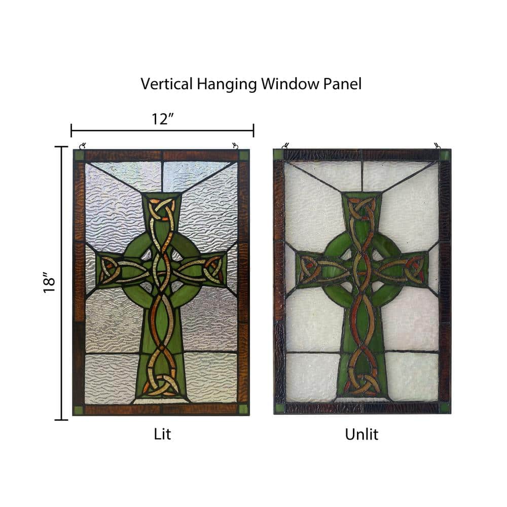 Green and Amber Stained Glass Celtic Cross Window Panel, 18" x 12"