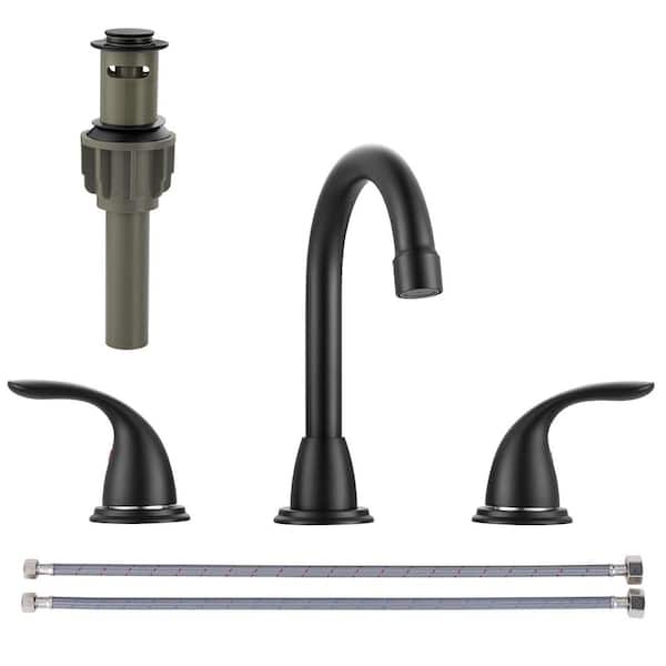ALEASHA 8 in. Widespread Double Handle High Arc Bathroom Faucet with Drain Kit included in Matte Black