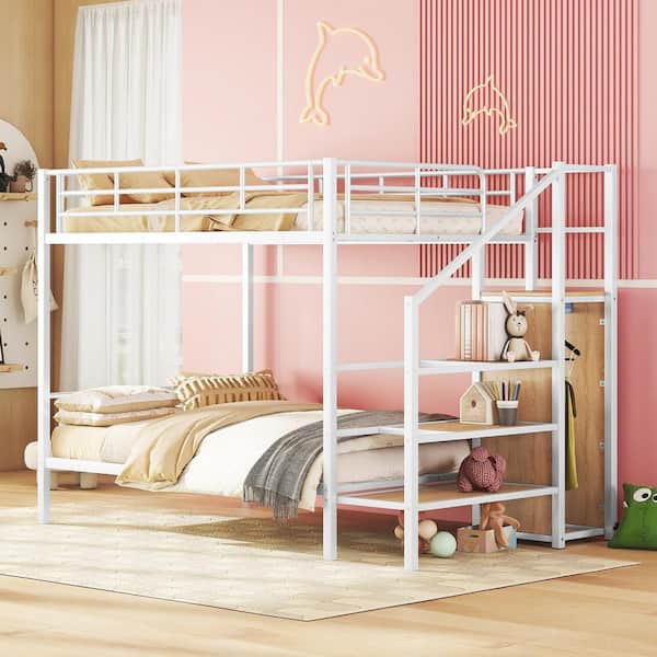 White Full Over Full Metal Bunk Bed with Lateral Storage Ladder and Wardrobe