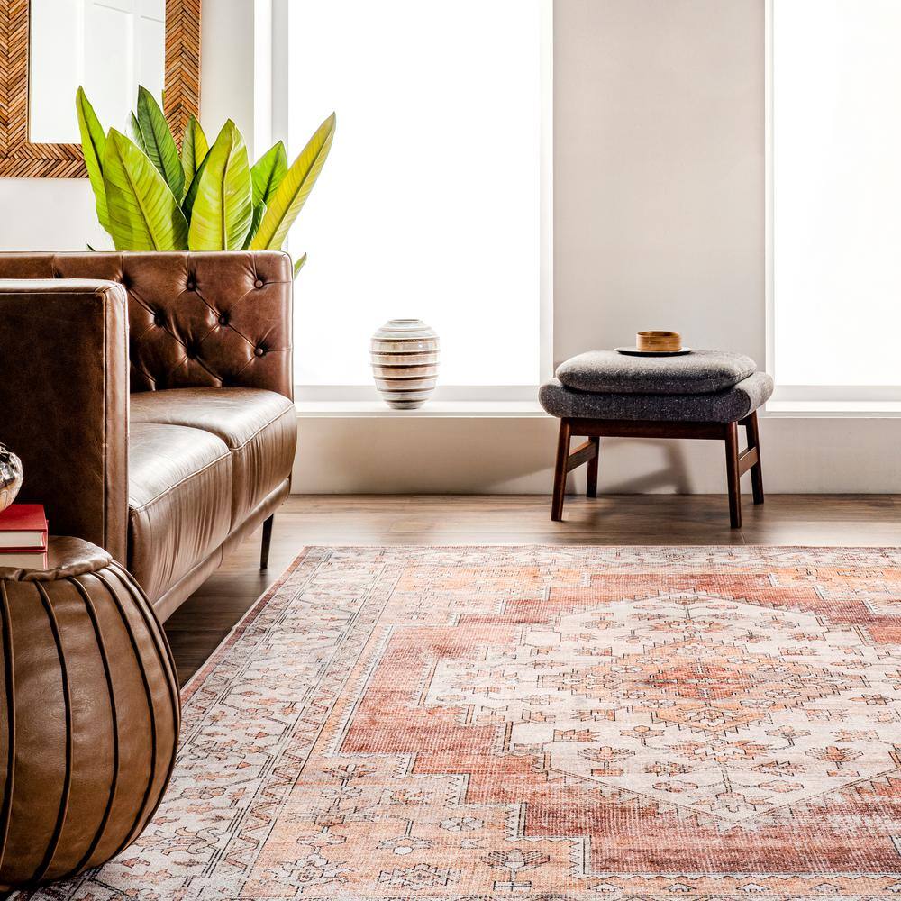 Rust Medallion Machine Washable Runner Rug