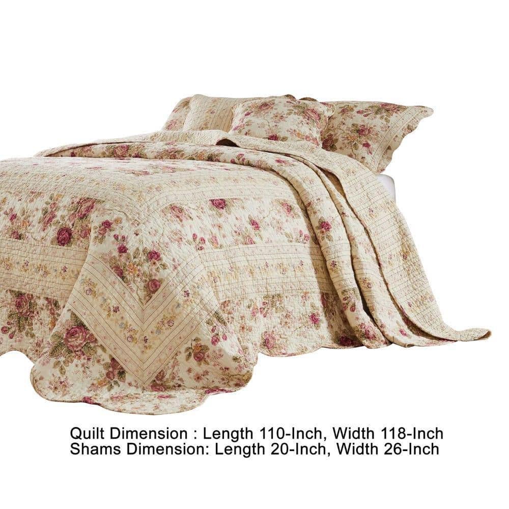 Queen Pink Floral Cotton Reversible Bedspread Set