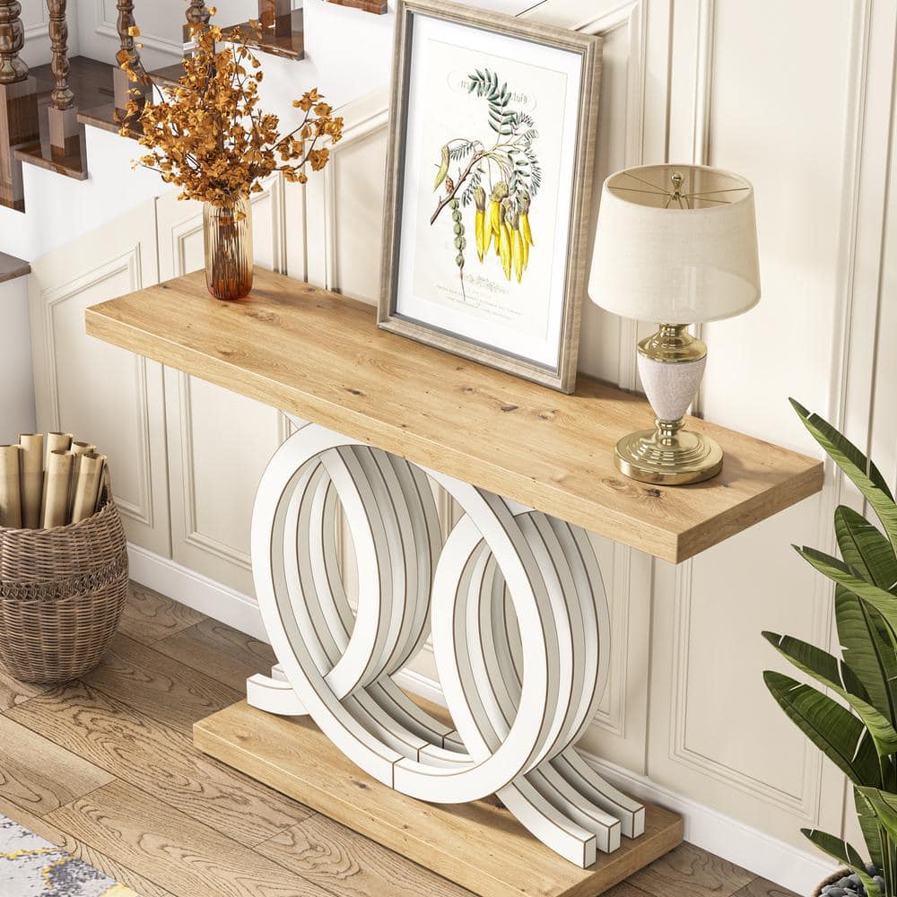 White and Natural Wood 55" Console Table with Geometric Base