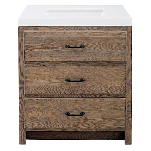 Home Decorators Collection Goldsboro 30 in. W x 22.5 in. D Vanity Cabinet in Weathered Oak with Engineered Stone Vanity Top in Crystal White