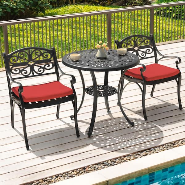 Nuu Garden Black with Gold-Painted Edges 3-Piece Cast Aluminum Round Outdoor Bistro Set with Red Cushions and Umbrella Hole