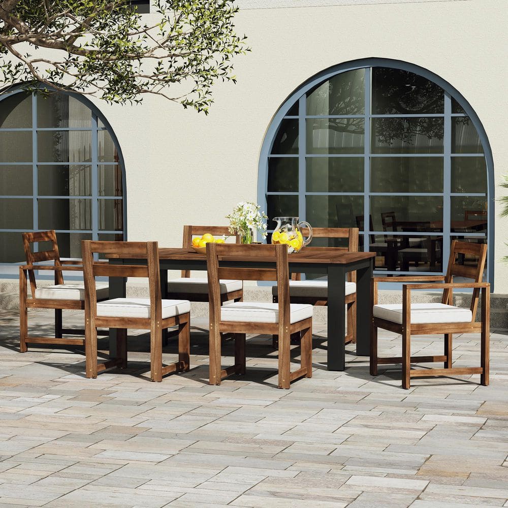 7-Piece Wood Patio Outdoor Dining Set with Beige Cushions
