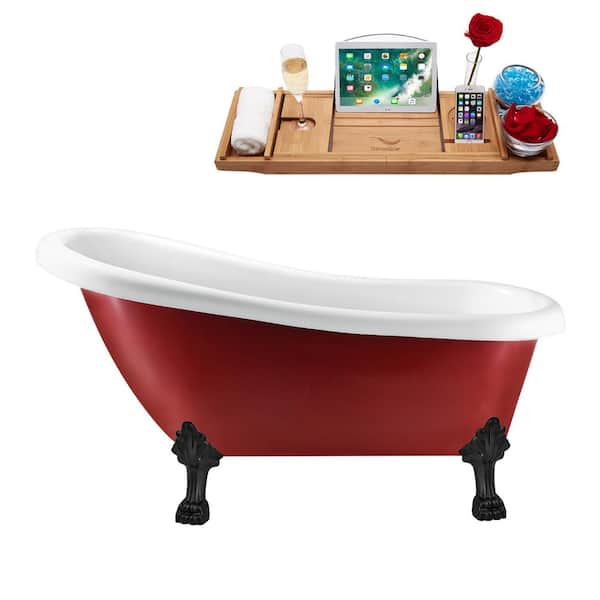 Streamline 61 in. Acrylic Clawfoot Non-Whirlpool Bathtub in Glossy Red With Matte Black Clawfeet And Matte Black Drain