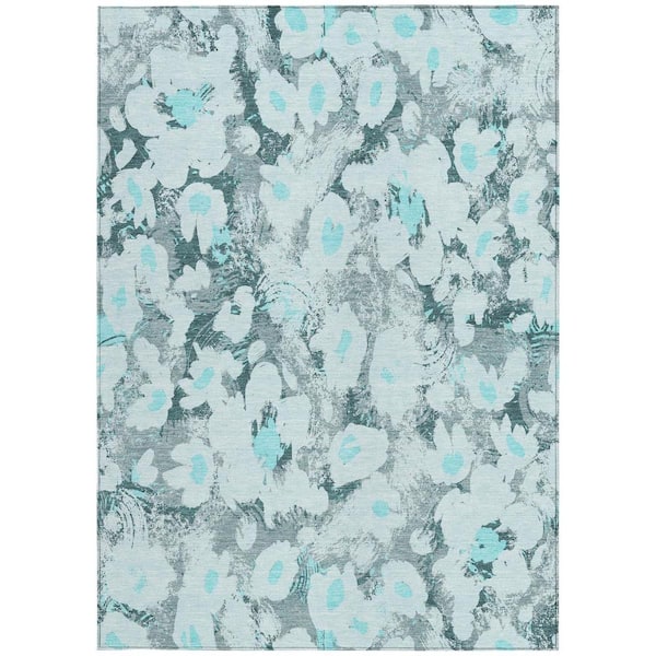 Teal 8 ft. x 10 ft. Woven Floral Rectangle Indoor/Outdoor Area Rug