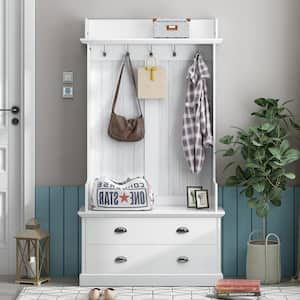 White Hall Tree and Shoe Storage Bench with Drawers Wooden Coat Rack with 5 Hooks for Mudroom Organization Entryway