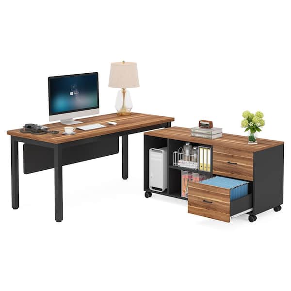 Tribesigns Lantz 55.11 in. L-Shaped Rustic Walnut Wood and Metal 2 Drawer Computer Desk with Storage Drawers Cabinet Set