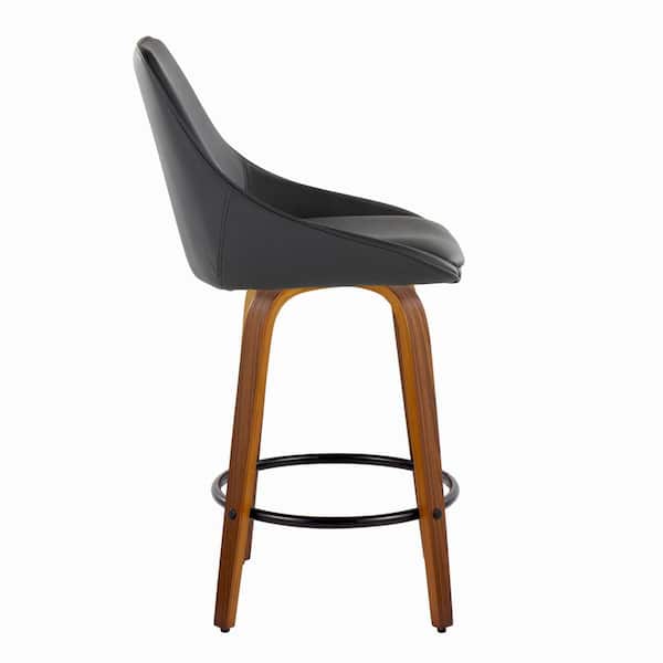 Diana 26 in. Walnut Wood and Black Faux Leather with Round Black Metal Footrest Fixed-Height Counter Stool (Set of 2)