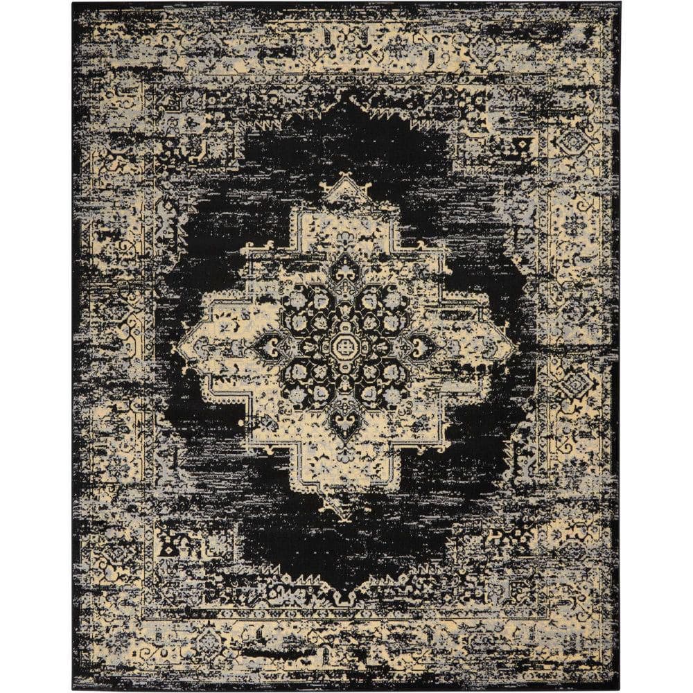 Black and Cream Synthetic Medallion Rectangular Area Rug 7' x 10'