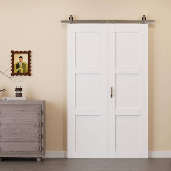48 in. x 80 in. Paneled 3 Lite White Primed MDF Bifold Sliding Barn Door with Hardware Kit Nickle