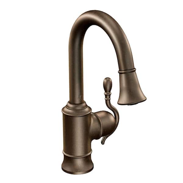 MOEN Woodmere Single-Handle Pull-Down Bar Faucet Featuring Reflex and Power Clean in Oil Rubbed Bronze