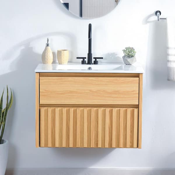 Sherwin 30 in. W x 18 in. x D x 20 in. H Slat Modern 2-Drawer Wall Mounted Bath Vanity Cabinet without Top in Oak