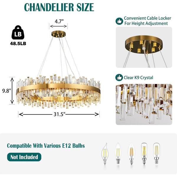 YUYI 31.5 in. 16-Light Gold Crystal Chandelier, Modern Round K9