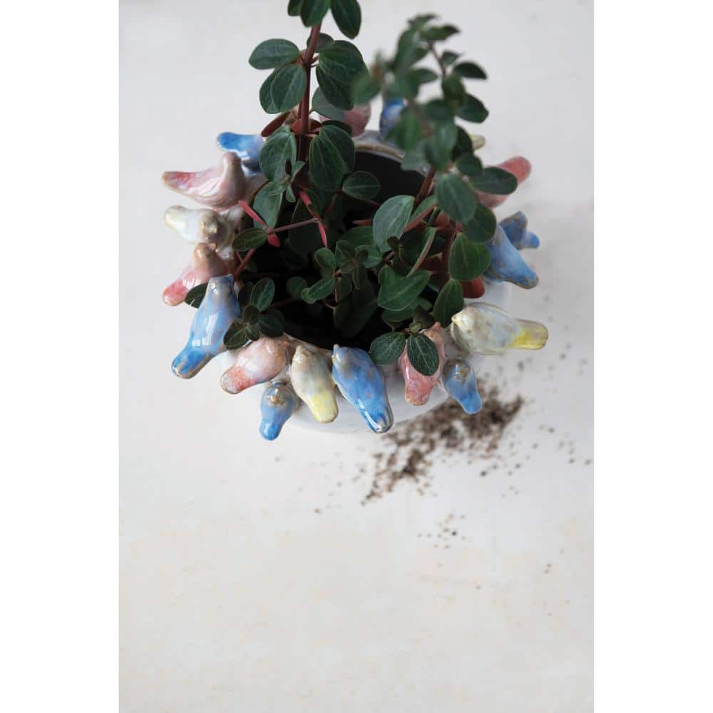 Multicolor Stoneware Planter with Birds on Rim
