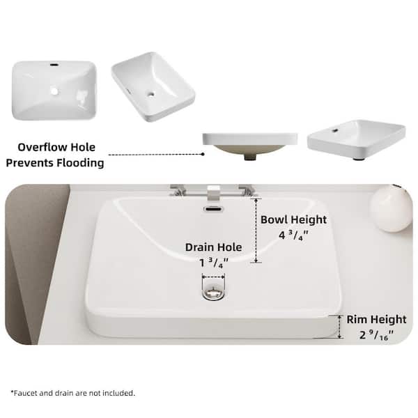 Rectangular Semi Recessed Bathroom Sink 20 in. x 14 in. White Ceramic Vessel Sink with Rear Overflow and Rounded Corners