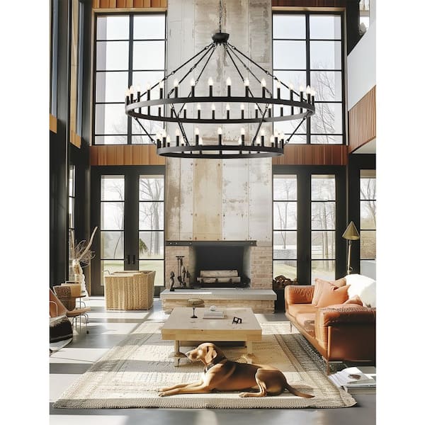 60 in. 54-Light Extra Large Black Wagon Wheel Chandelier, 2-Tier for Dining Room Living Room
