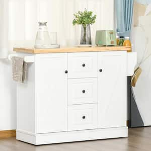 White Wooden Kitchen Cart Island with Storage Drawers and Cabinet