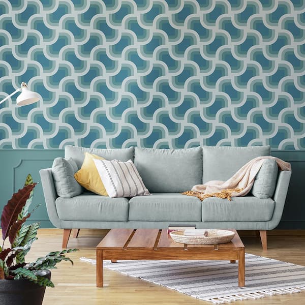 Retro Geo Peacock Blue Peel and Stick Wallpaper