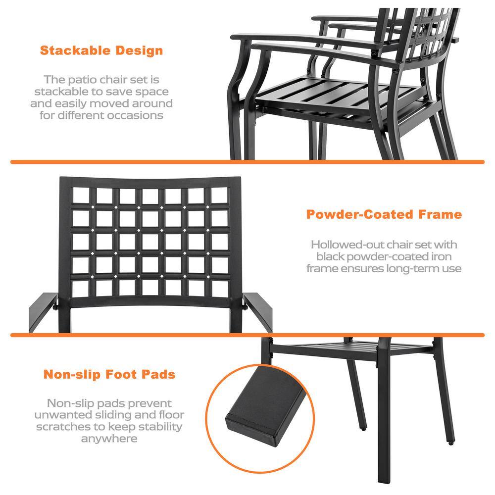 Black Wrought Iron Stackable Outdoor Dining Chairs with Armrest, Set of 2