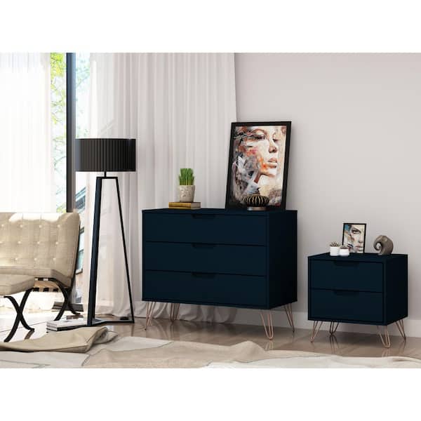 blue dresser and nightstand set Manhattan Comfort Rockefeller 5-Drawer & 3-Drawer Tatiana Midnight Blu –  Kitchen Oasis main image 0