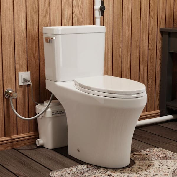 900W Upflush Macerating Toilet System, 18 in. Two piece Toilet, Two Extension Pipes, 3-Inlet Macerator Pump Lifts 39 FT.