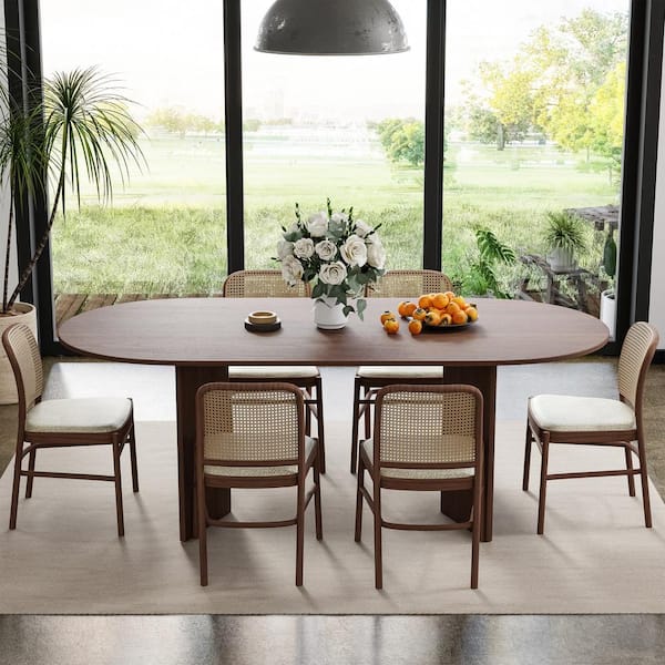 Dovelina Brix Modern Oval Walnut Wood Top 67 in. Double Pedestal Base Dining Table Seats 6